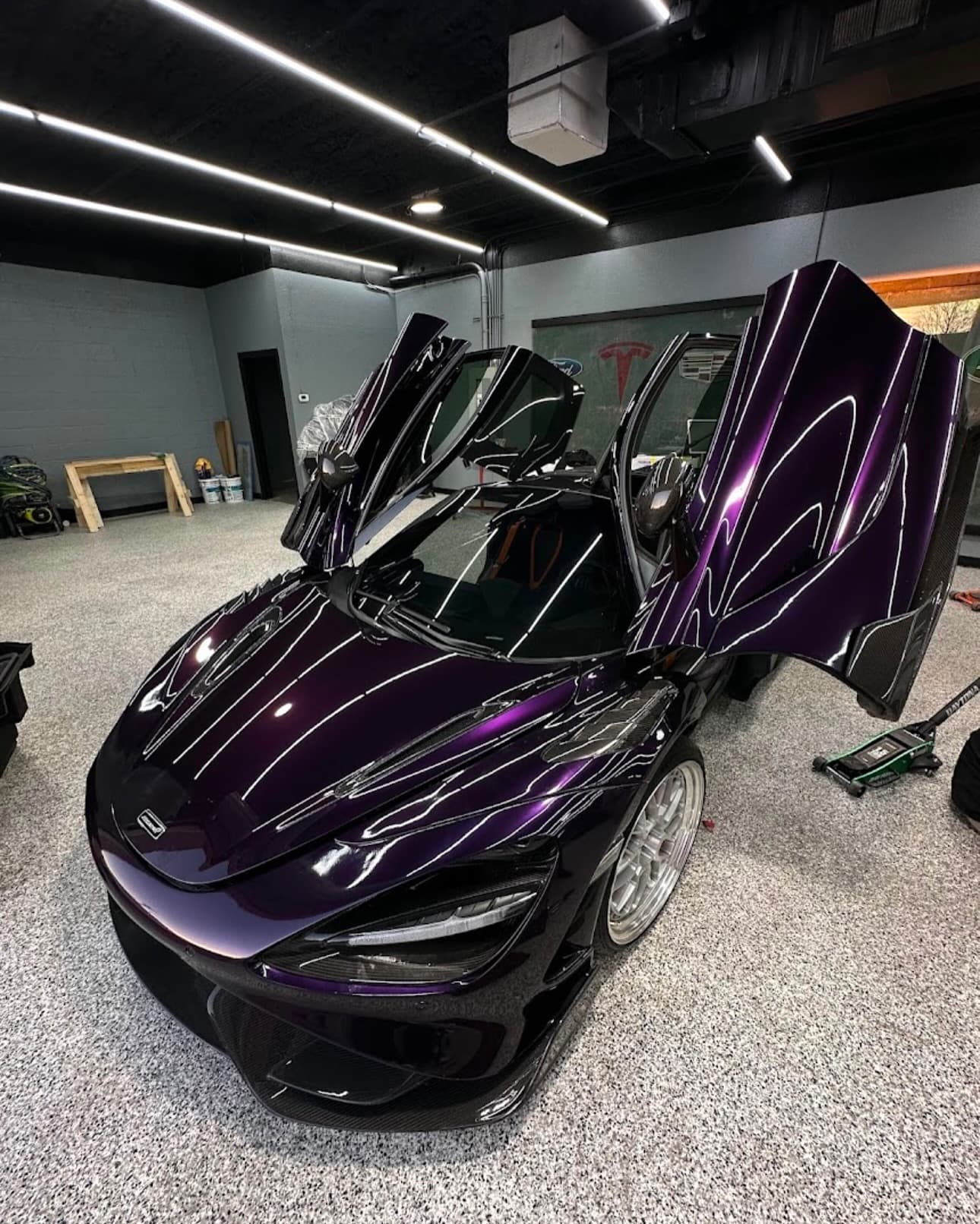 Tesla finished in a purple chrome colour-change wrap